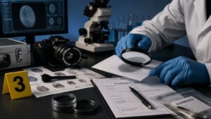 Fingerprint analysis in a forensic laboratory examining evidence